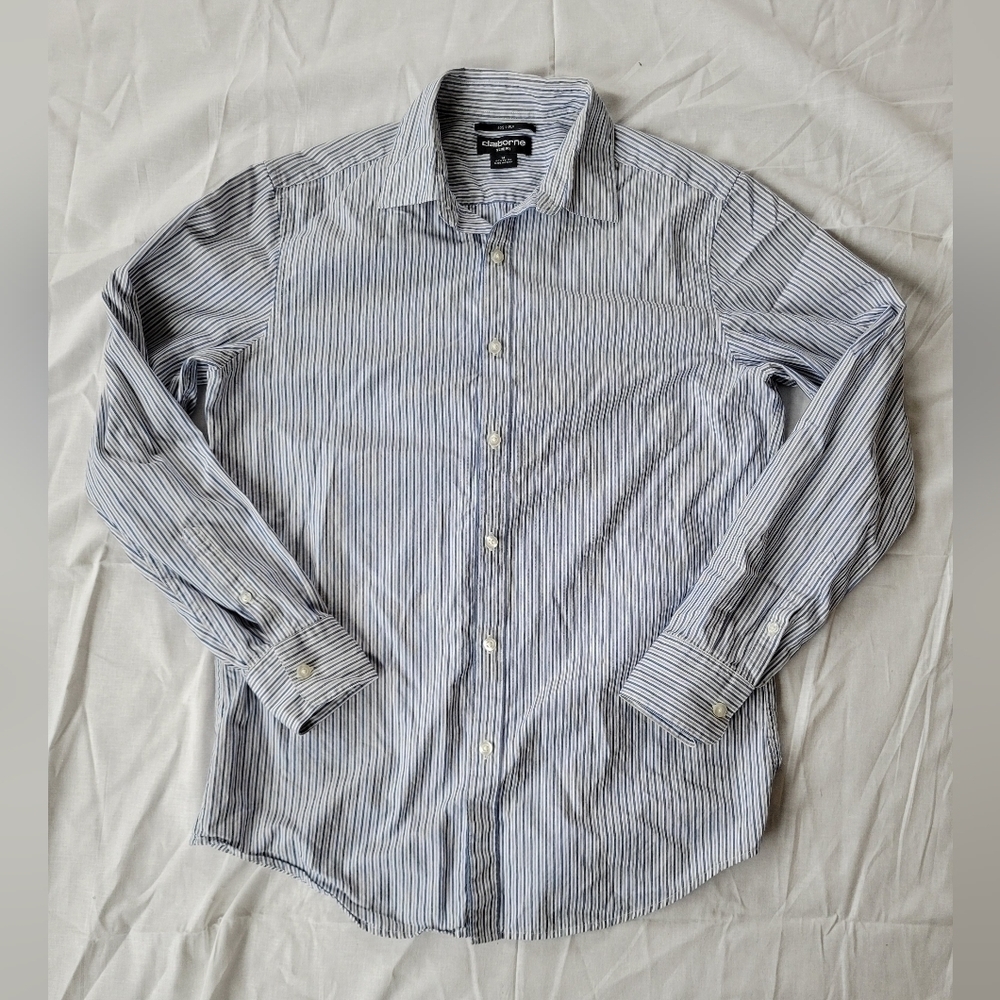 Liz Claiborne mens career white & blue stripe slim fit long sleeve button down M